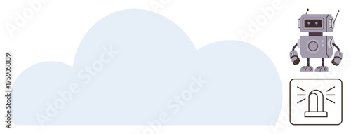 Robot standing beside a cloud and a flashing alarm signal, representing AI, automation, security, technology, cloud computing, innovation, and system alerts in a simple flat metaphor