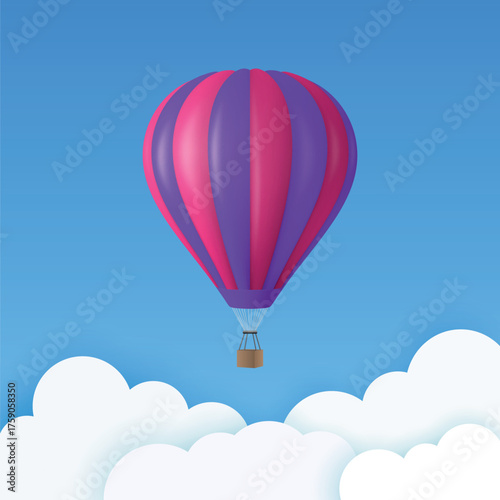 Vector Travel Banner with 3d Realistic Purple and PInk Hot Air Balloon Icon on a Blue Sky Background. Design Template, Summer Vacation, Travelling, Tourism and Journey Concept
