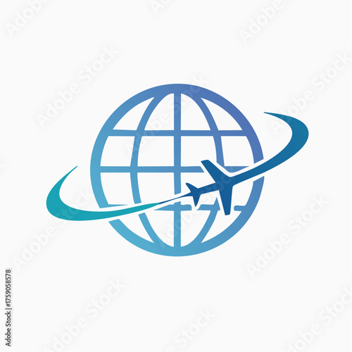 Global Travel Illustration Featuring Airplane Circling Globe in Shades of Blue
