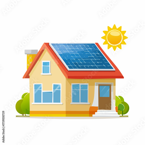Illustrated depiction of a residence with rooftop solar panels and sun icon for renewable energy