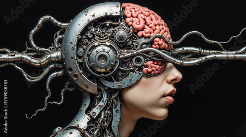 The image depicts a futuristic and biomechanical portrayal of a human head and neck, where the skull is replaced with intricate mechanical components and exposed brain tissue. The scene balances organ