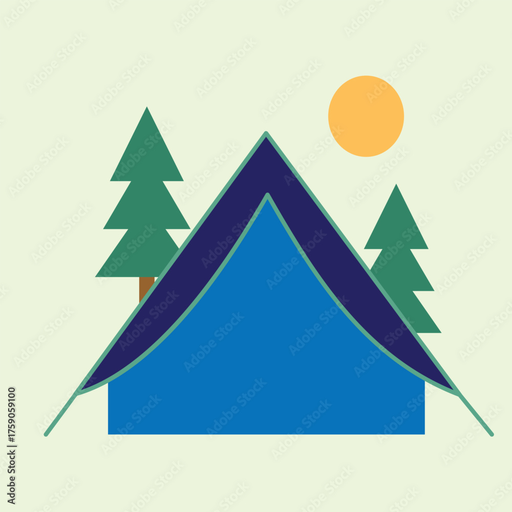 Fototapeta premium Flat minimalist illustration of a blue camping tent with pine trees and a bright sun in the background, symbolizing outdoor adventure, travel, and summer nature activities.