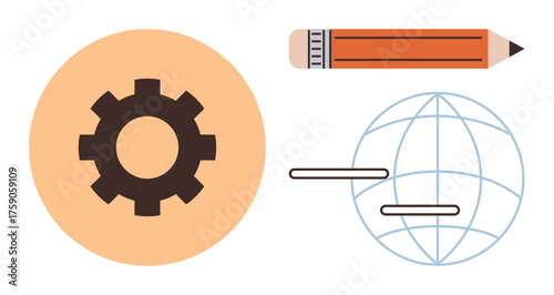 Gear in orange circle, pencil, and abstract globe lines symbolizing creativity, teamwork, innovation, global ideas. Ideal for education, design, engineering concepts digital tools globalization