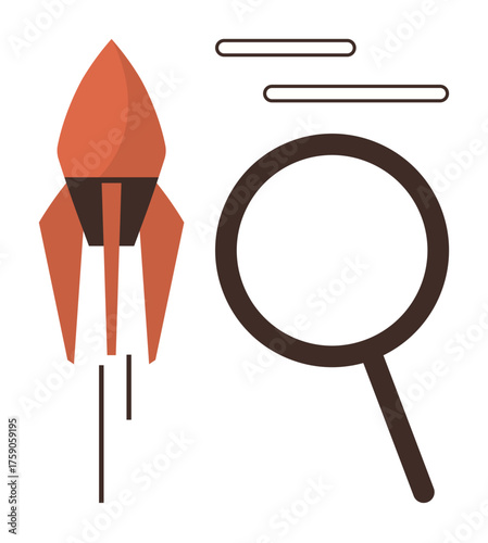 Rocket soaring upward beside magnifying glass, symbolizing research, discovery, growth, innovation, analysis, progress and success. Ideal for startup development and business growth. Simple flat