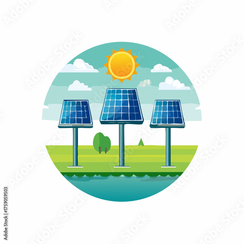 Illustration depicting renewable energy solutions with solar panels, sun, and landscape features