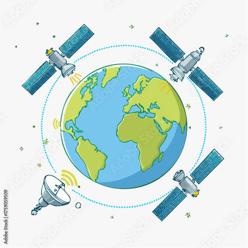 Illustration depicting satellites orbiting earth transmitting signals for global communication