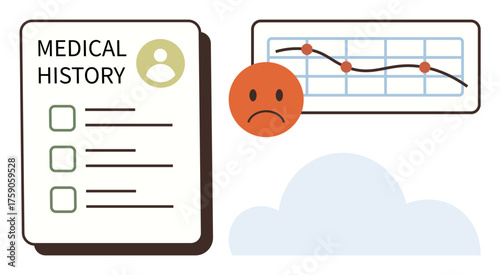 Medical report checklist next to unhappy face icon and dropping line chart, representing mood, health decline, or analysis issues. Ideal for healthcare, mental health, analytics, diagnostics