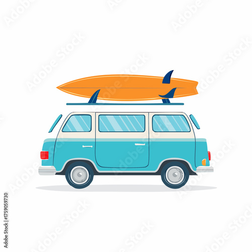 Illustration of a classic beach van with surfboard ready for summer adventure on the coast