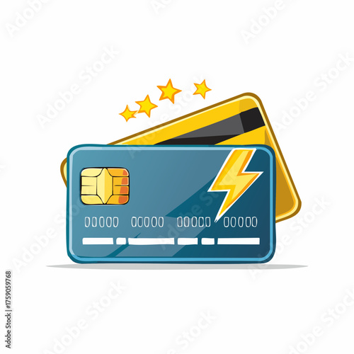 Illustration of a credit card with lightning bolt and stars representing financial success