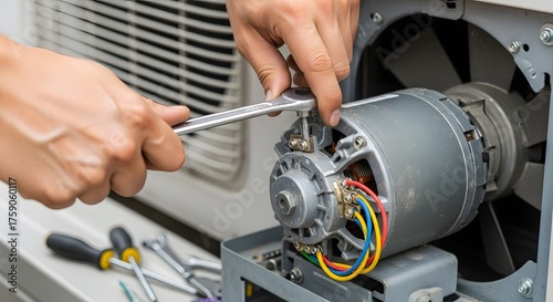Professional HVAC Technician's Hands Repairing Air Conditioner Motor with Wrench during Appliance Maintenance Service