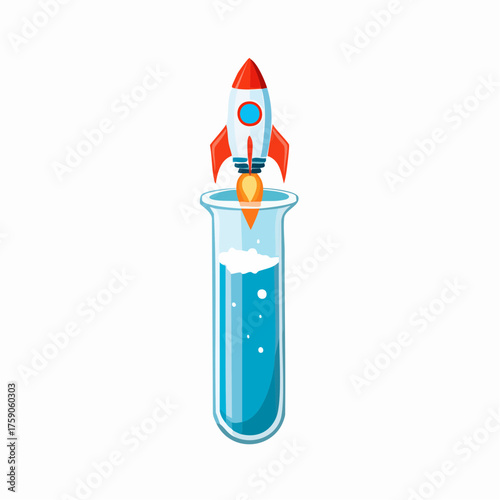 Illustration of a Rocket Ship Emerging from a Test Tube Representing Scientific Discovery