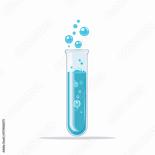 Illustration of a scientific experiment with bubbling liquid in a test tube on white background