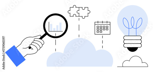 Hand with magnifying glass examining chart above a cloud, connected to puzzle piece, calendar, and light bulb. Ideal for data analysis, innovation, cloud computing, teamwork, planning