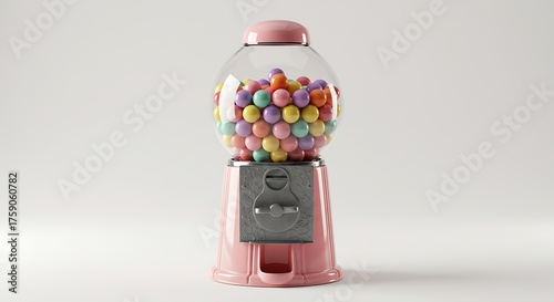 Pink gumball machine with colorful candy balls on white background