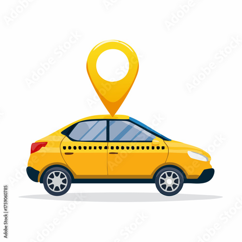 Illustration of a yellow taxi car with a location marker above it on a white background