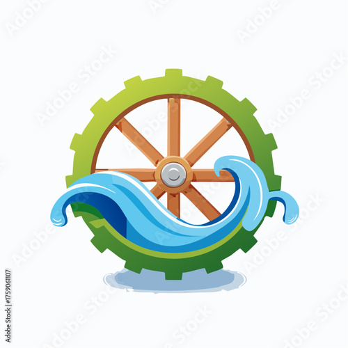 Innovative emblem showing a gear wheel, a water wave, and wooden spokes for creative purposes