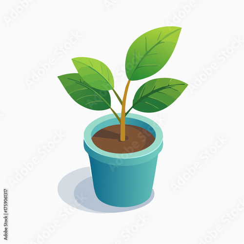 Isometric Illustration of a Young Plant in a Teal Pot with Fresh Green Leaves