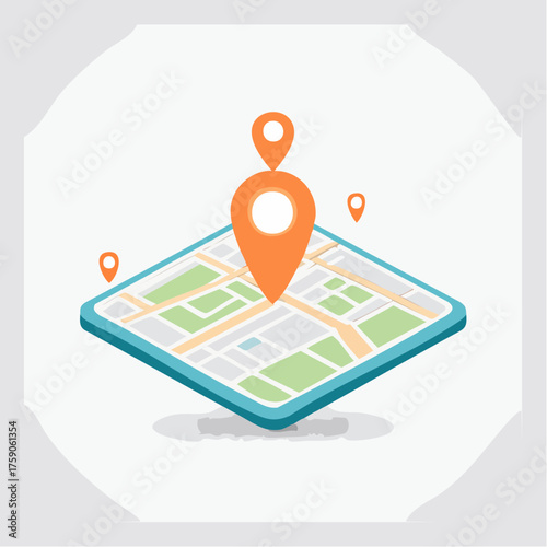 Isometric Map with Location Pointers, Representing Navigation and Geographic Positioning