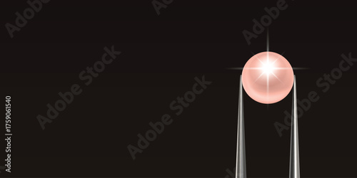 Vector Jewelry Tweezers Holding Pink Pearl on Black Background. Luxury Pearl Jewelry Banner, Elegant Pear Template for Jewelry Store, Fashion Accessory, Gemstone Design, Precious Stone Decoration