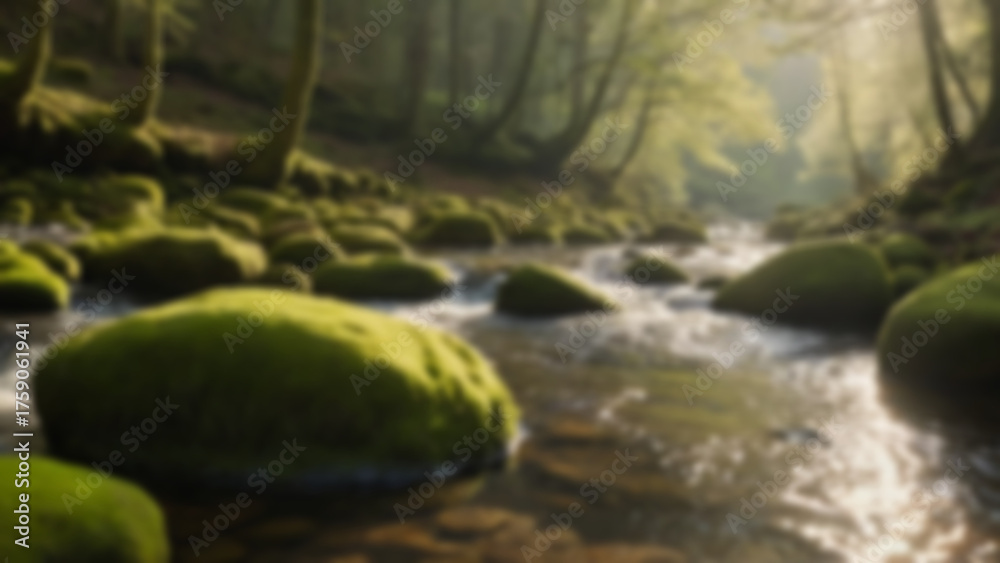 Fototapeta premium background blurred A peaceful river running through a forest, rocks and moss lining edges, sunlight beams, morning, warm and hazy, 50mm, slow float-down, Pro 400H sim, water moving calmly.