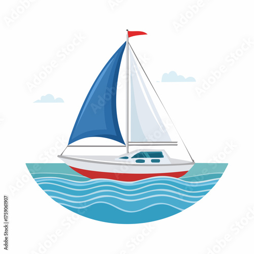Vibrant illustration of a sailboat gracefully navigating the ocean's gentle waves under a clear sky