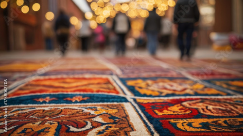Bright colorful oriental carpets displayed in traditional market interior with warm lights. Textile design and ethnic handmade decoration concept