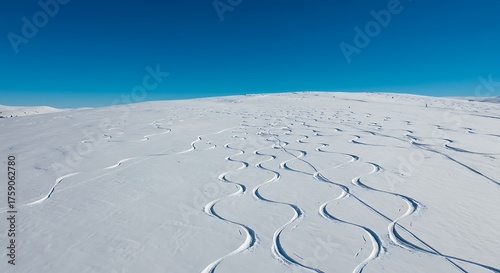 Snowy landscape with ski tracks under a clear blue sky