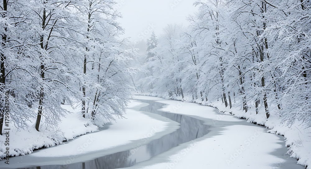 Obraz premium Snowy river landscape with frosted trees during winter season