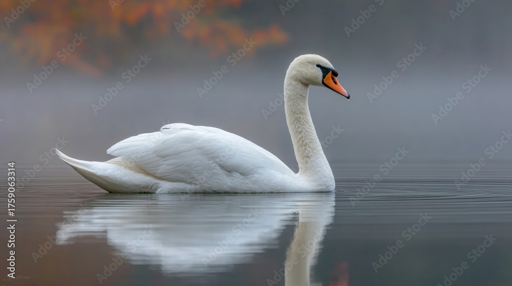 Obraz premium Elegant white swan swimming in misty lake nature scene still water calm environment close-up view