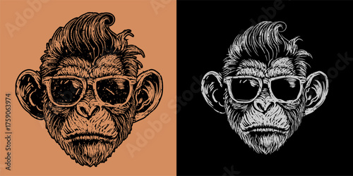 The woodcut  style vector of rockabilly monkey   
