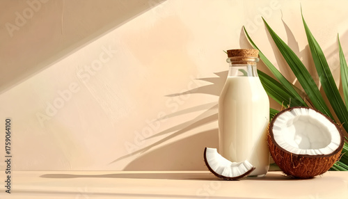 coconut milk bottle on beige background