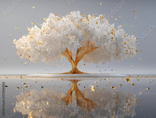 Golden and white tree with mirrored reflection in serene symmetrical composition