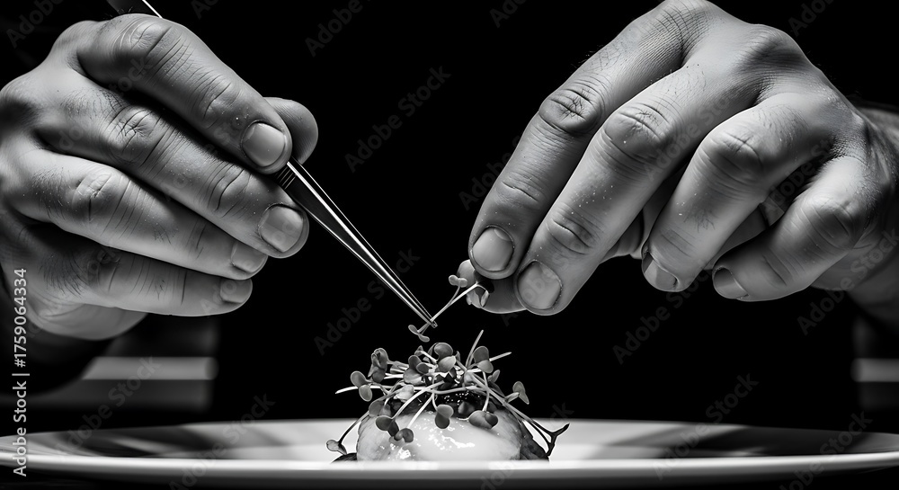 Obraz premium Artistic food preparation showcasing meticulous plating with tweezers