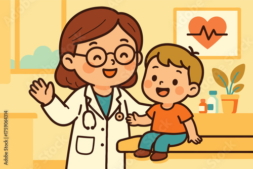 Friendly doctor and happy child in a medical examination room