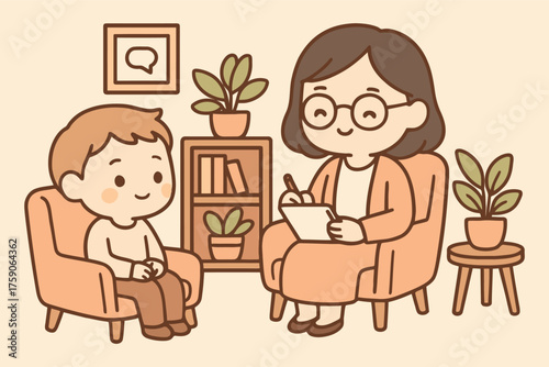 Child therapy session with a kind therapist in a cozy office