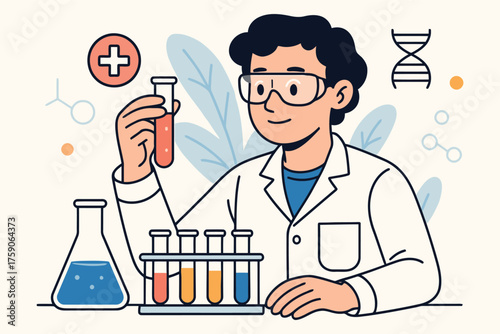 Scientist in lab coat examining test tube with dna and medical symbols