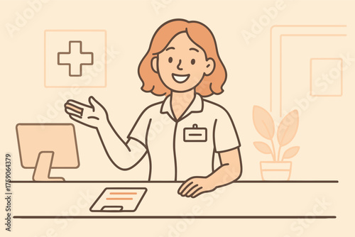 Friendly pharmacist assistant at the counter with a computer and tablet