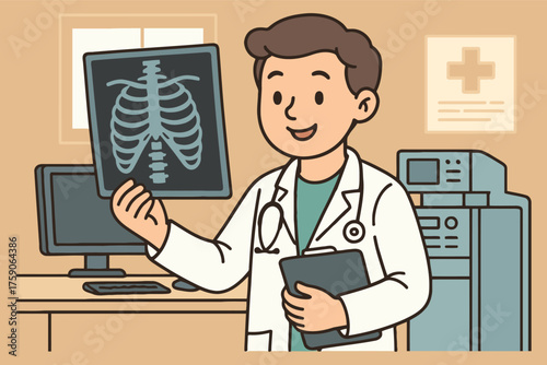 Doctor holding up x ray image in medical office