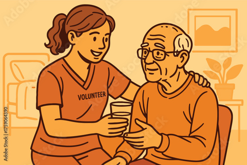 Caring volunteer offers a drink to an elderly man