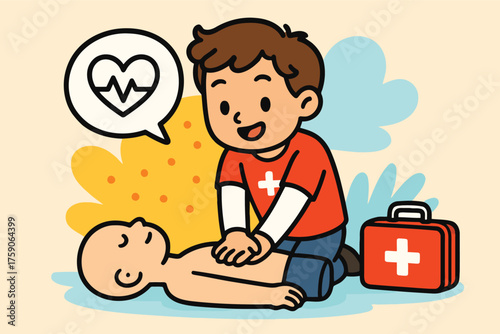 Child practicing cpr on a dummy with first aid kit nearby