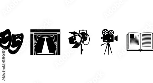 Icon set of five black and white silhouettes depicting various elements of theatre, film production, and dramatic arts, ideal for media and entertainment designs