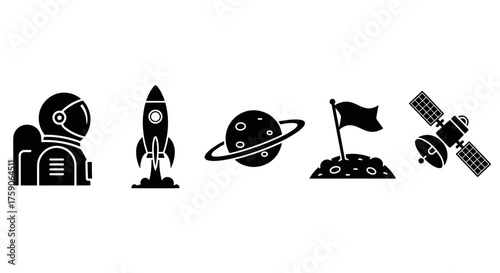 Collection of five flat vector space icons in black silhouettes, featuring an astronaut, rocket, ringed planet, lunar flag, and orbiting satellite, representing space exploration and celestial bodies