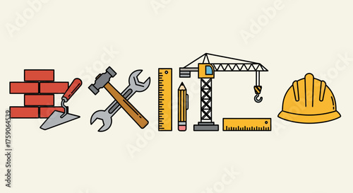 Collection of essential building and repair tools depicted as vibrant flat design icons, perfect for construction, DIY, and home improvement themes