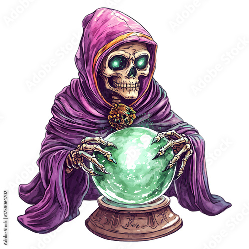 Watercolor Skeleton Sorcerer with Crystal Ball: Spooky Fantasy Clipart
