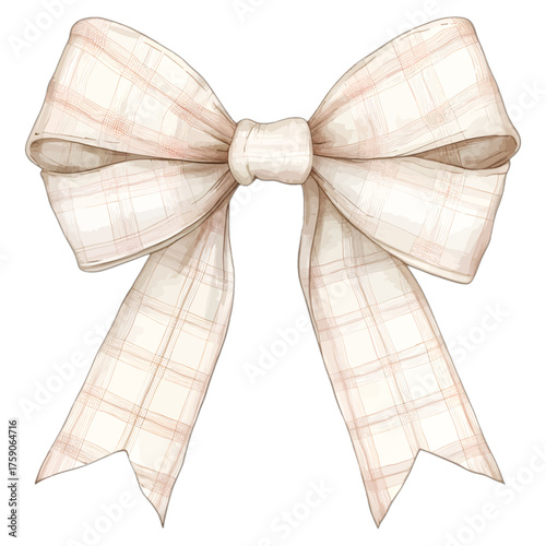Watercolor Plaid Bow Clipart: Rustic Beige and Pink Gingham Ribbon

