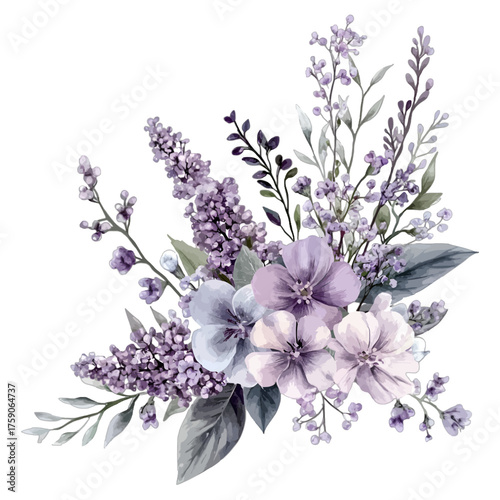 Elegant Watercolor Lavender and Lilac Floral Bouquet Clipart
