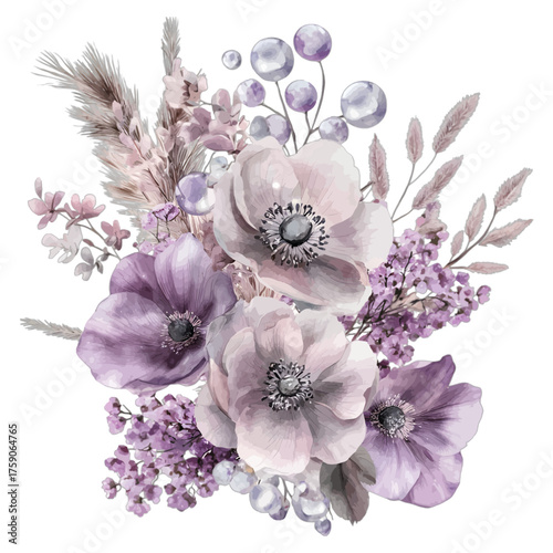Elegant Watercolor Floral Arrangement: Purple Anemone and Pampas Grass Bouquet
