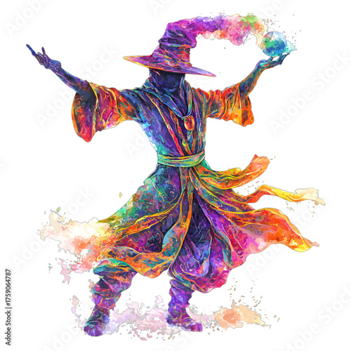 Psychedelic Watercolor Wizard Clipart: Colorful Fantasy Magic

