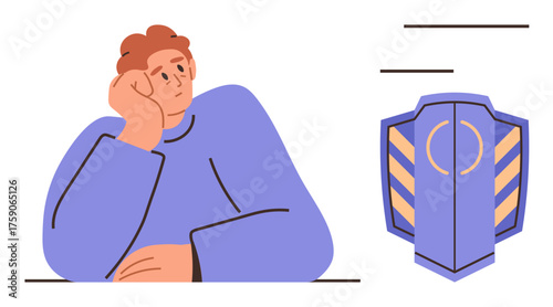 Person resting their face on their hand in deep thought beside a decorative shield icon, symbolizing reflection, safety, and perseverance. Ideal for motivation, security, contemplation, mental