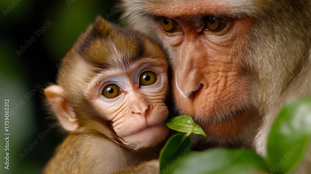 Obraz premium Monkey mother and baby primate showing affection in forest